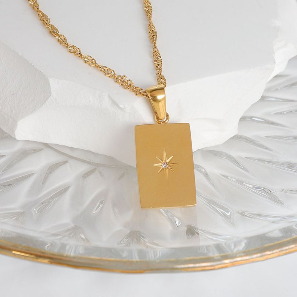 Star Zircon PVD 18K Gold Plated Rectangle Pendant Necklace Stainless Ste… - Picture 8 of 9